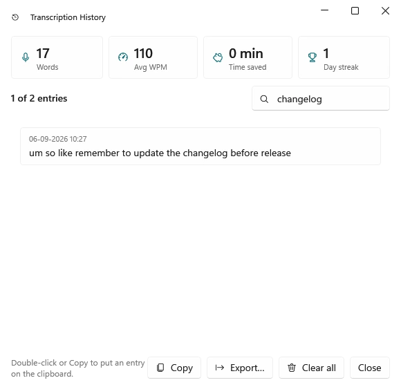 Curlew transcription history with word count, speed and streak statistics