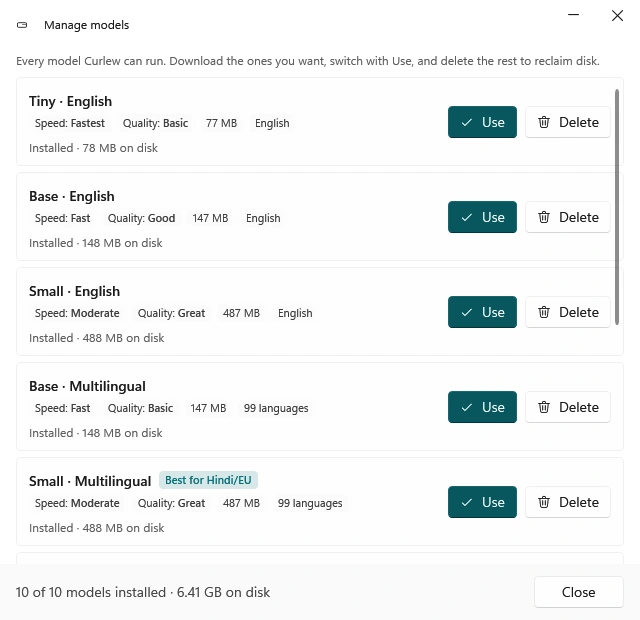 Curlew model manager listing Whisper and Parakeet models with speed and quality ratings