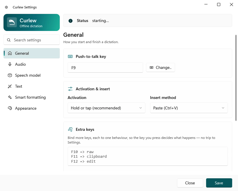 Curlew settings window